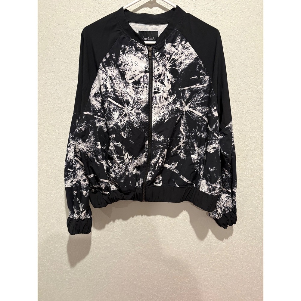 Torrid LoveSick Bomber Jacket Black White Tropical Palm Tree Print Size 0 L 12